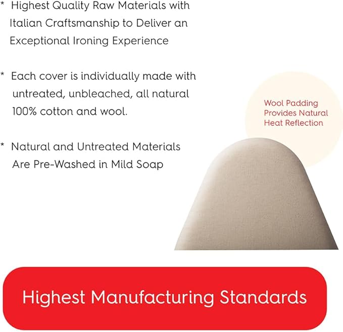 TIVIT Ironing Board Cover 13 x 44 Small Chemical Free Eco-Friendly Padded Covers - Unbleached, Untreated Natural Cotton & Wool Pad - 2 Layer, 3 Fastener Straps, Pull Bungee Cord - Made in Italy