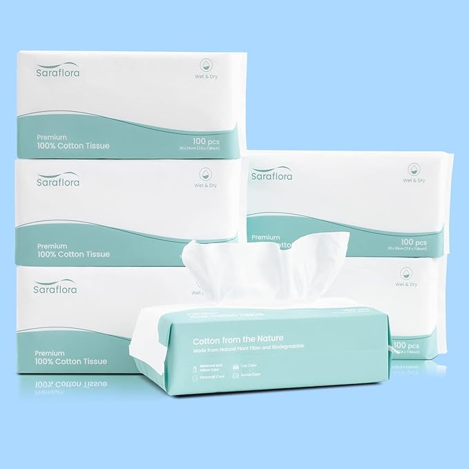 Saraflora 100% Cotton Facial Tissue Soft Dry Wipe 6 Pack, Use for Sensitive Skin Disposable Face Towel Extra Thick Dry and Wet Use Disposable Cotton Tissues for Washing Face Makeup Wipes(600 Count )
