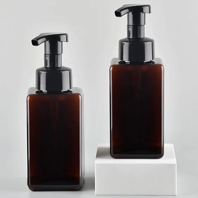 Foaming Soap Dispenser, 450ml(16oz) Refillable Modern Square Pump Bottle for Shampoo, Body Wash, Liquid Soap, PETG Plastic Empty Soap Dispenser for Kitchen, Bathroom, Hospital. 2 Pcs (Brown)
