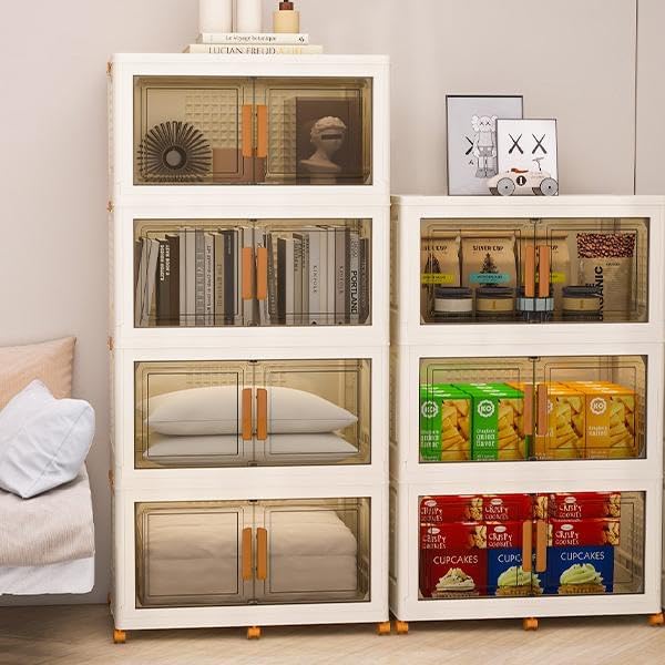 Plastic Stackable Storage Bins with Lids and Wheels, Foldable Closet Organizers and Storage Containers for Bathroom, Collapsible Clear Drawer Storage Cabinet with Doors White 22.4Gal 4Tiers