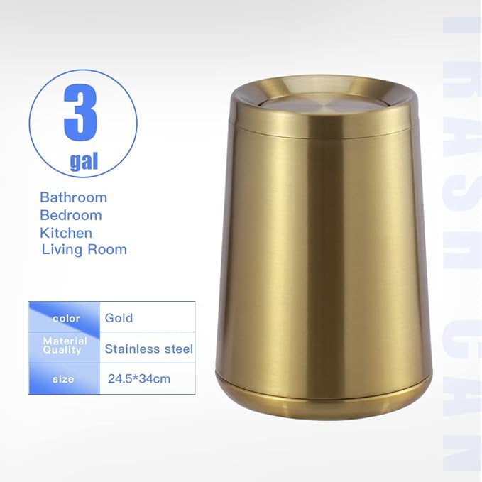 Household Swing Gold Bathroom Trash Can,Brushed Stainless Steel,10 L/3 Gallen,Garbage Can with Flipping Lid, for Indoor or Commercial Use, Kitchen,Modern,Living Room,Bedroom