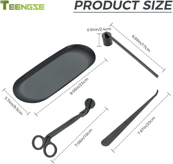 4 in 1 Candle Accessory Set with Storage Tray Plate, Candle Wick Trimmer, Candle Wick Snuffer, Candle Wick Dipper (Black)