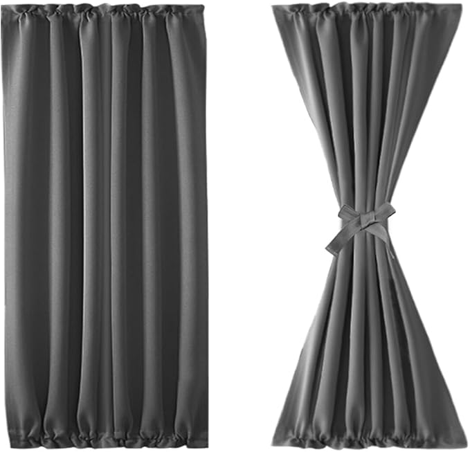 DWCN French Door Curtains – Rod Pocket Thermal Blackout Curtain for Doors with Glass Window, Kitchen and Patio Doors for Privacy, 25 X 40 Inch Length, 1 Curtain Panel with Tieback, Dark Grey