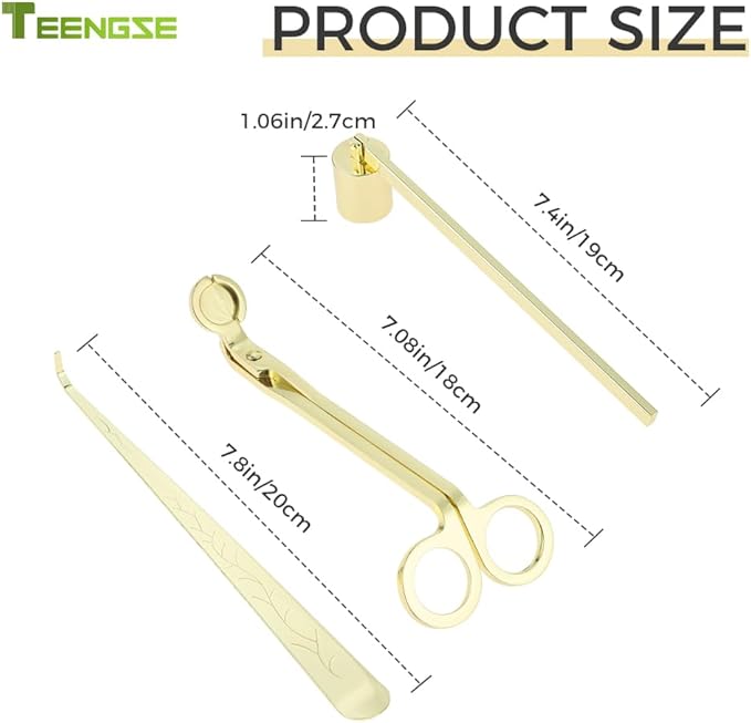 3 in 1 Candle Accessory Set, Candle Wick Trimmer, Candle Wick Snuffer, Candle Wick Dipper, Beautiful Box for Candle Lover (Gold)