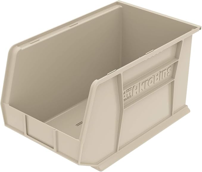 Akro-Mils 30260 AkroBins Plastic Storage Bins, Space-Saving Stackable Bins for Garage, Pantry, Craft Organization, 18" x 11" x 10", Stone, 6-Pack