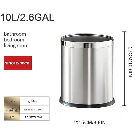 2.6Gallon/10L,Stainless Steel Bathroom Trash Can,Chrome Trash Can,Silver Garbage Can for Office,Wastebasket for Hotel,Office,Store,Metal Trash bin Without lid (Silver)