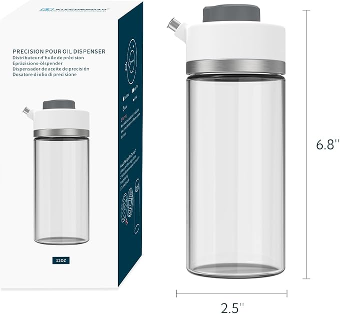 KITCHENDAO Precision Pour Glass Oil Dispenser with 3 Modes, Drip-free Spout, Two Adjustable Flowing Speed, 12 oz Vinegar Dispenser Bottle for Kitchen, Borosilicate Glass Olive Oil Bottle for Cooking