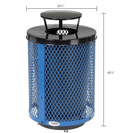 Global Industrial Outdoor Diamond Steel Trash Can with Rain Bonnet Lid, Raised Base and Plastic Liner, 36 Gallon Capacity, Blue, Thermoplastic Coating, 23-1/2" Diameter, 43-1/2"H