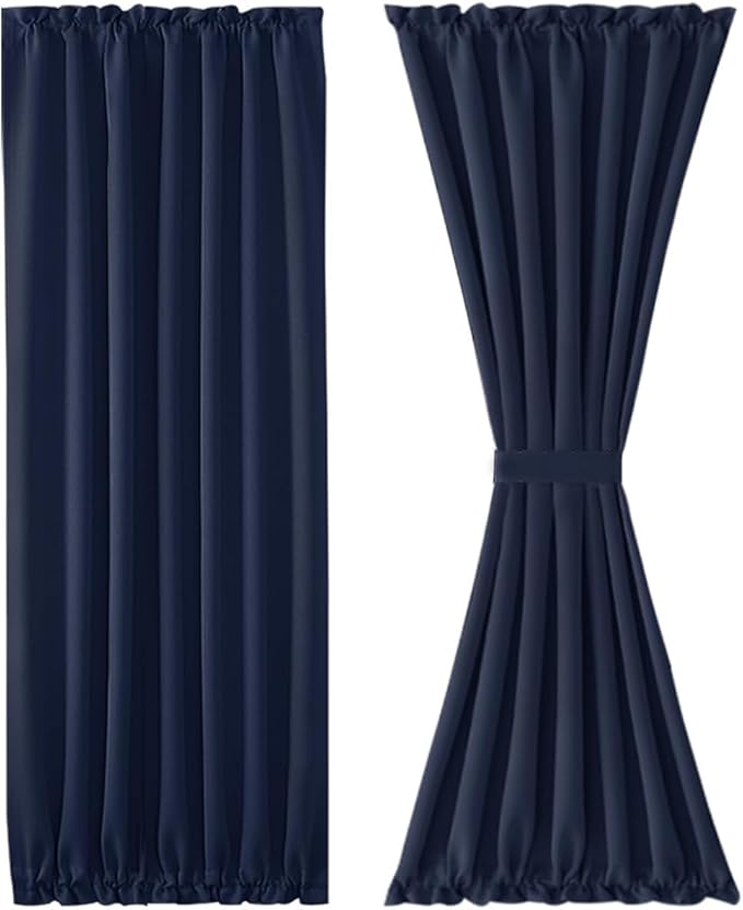 DWCN French Door Curtains – Rod Pocket Thermal Blackout Curtain for Doors with Glass Window, Kitchen and Patio Doors for Privacy, 36 X 80 Inches Long, 1 Curtain Panel with Tieback, Navy Blue