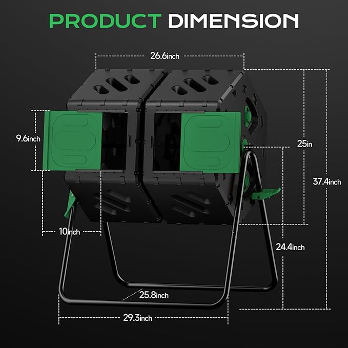Compost Tumbler 45 Gallon/170L, Easy-Assemble Dual Chamber Compost Bin Outdoor, 360°Rotating Large Composter for Outside, Backyard, Garden, Gifts for Seasoned Gardeners & Beginners-Green