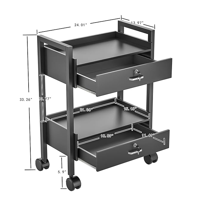 Paddie Salon Trolley Cart, Salon Tray Wooden Mobile Utility Cabinet with 2 Lockable Drawers, Rolling Storage Station Medical Esthetic Supply Holder for Beauty Spa (2 Drawers, Black)