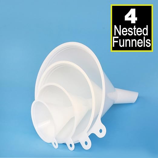 Plastic Funnel for Automotive Use - Kitchen Funnels for Filling Bottles, Jars, Containers or Lab Use - Oil Funnel for Gas, Car Oil, Lubricants and Fluids (White-4 Pack)