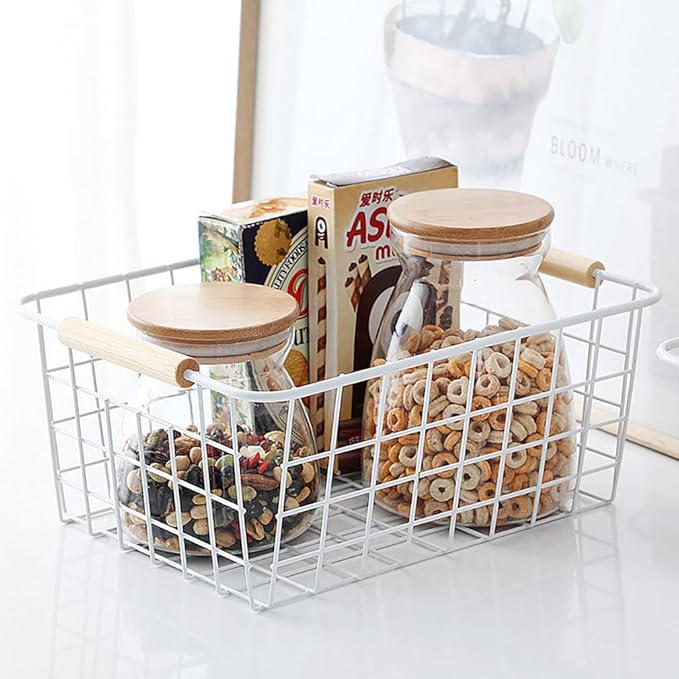 LeleCAT white wire baskets for organizing with Wooden Handles Storage Organizer Baskets, Household snack basket for Cabinets, Pantry, Closets, Bedrooms, pantry organizers and storage - Set of 2(White)