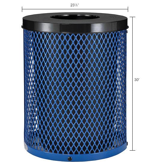 Global Industrial Outdoor Diamond Steel Trash Can with Flat Lid and Plastic Liner, 36 Gallon Capacity, Blue, Thermoplastic Coating, 23-1/2" Diameter, 30" H