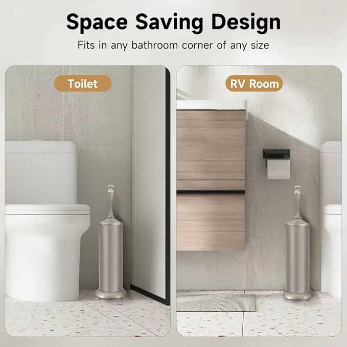 Stain Nickel Toilet Brush and Holder,Extra Long Handled Toilet Brush for Bathroom,Stainless Steel Heavy Duty Toilet Bowl Brush,Deep Cleaning Modern Toilet Cleaner Brush -Space Saving, Covered Brush