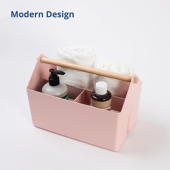 BLUE GINKGO Medium Storage Basket – Plastic Caddy with Wooden Handle for Office, Arts & Crafts, or Home Supplies (Pink)