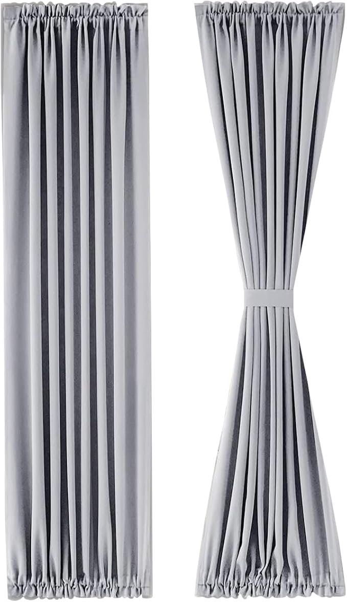 DWCN French Door Curtains – Rod Pocket Thermal Blackout Curtain for Doors with Glass Window, Kitchen and Patio Doors for Privacy, 25 X 72 Inches Long, 1 Curtain Panel with Tieback,Silver Grey