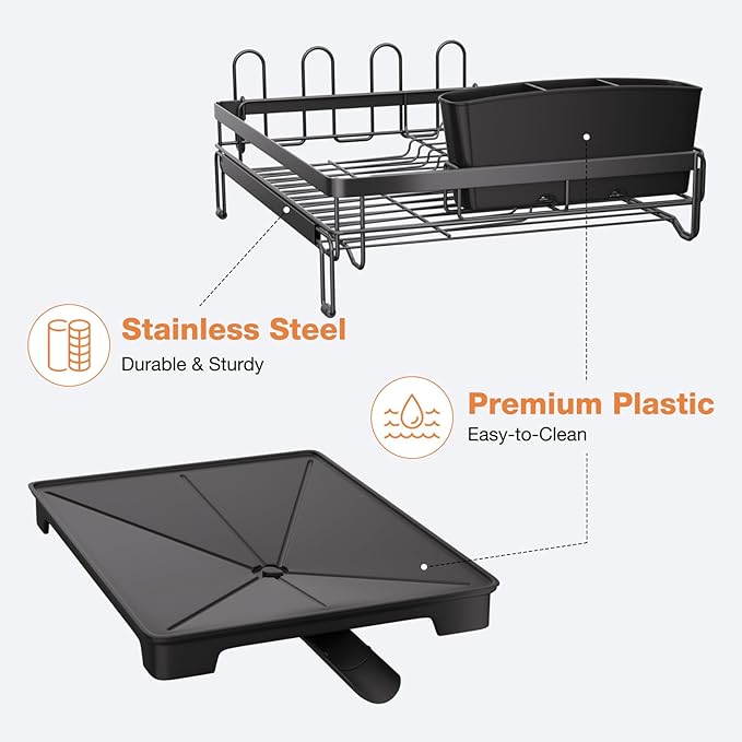 Dish Drying Rack,Extendable Dish Rack,Drying Rack with Automatic Drainboard,Dish Drainers for Kitchen Counter,Anti-Rust Dish Drainers with Cup Holders & Utensil,Black