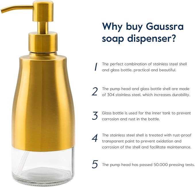 Gaussra Soap Dispenser with Coaster and Stickers, Brushed Gold Stainless Steel Glass Hand Pump Dispenser, Anti Rust Bottle, for Kitchen & Bathroom Detergent Bottle,Refillable Hand Liquid Dispenser