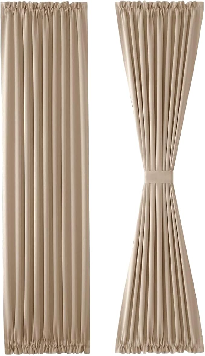 DWCN French Door Curtains – Rod Pocket Thermal Blackout Curtain for Doors with Glass Window, Kitchen and Patio Doors for Privacy, 36 X 72 Inches Long, 1 Curtain Panel with Tieback,Beige
