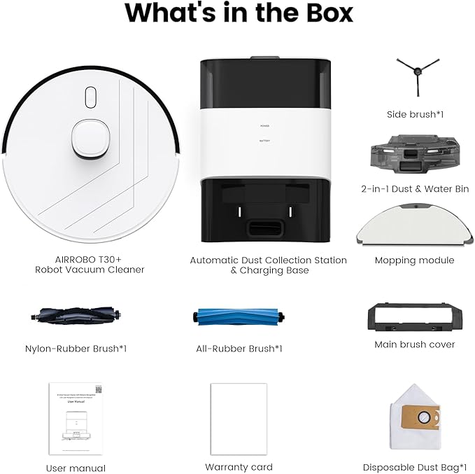 AIRROBO T30+ Robot Vacuum and Mop, Self-Emptying, 6000PA Suction, Proactive Intelligence Avoidance, APP & Voice Control, LiDAR Navigation, Perfect for Pet Hair, Hard Floor,Carpet