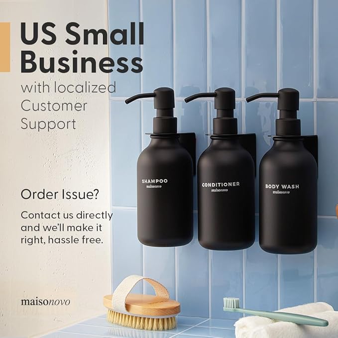 MaisoNovo Refillable Shampoo and Conditioner Bottles | 16.9 fl oz Set of 3 Amber Plastic Bottles Black Bamboo Pumps