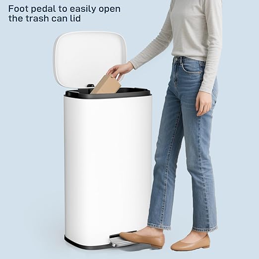 Arlopu 8 Gallon Step Trash Can, Stainless Steel Garbage Bin, Soft-Close Rubbish Bin with Removable Plastic Inner Bucket, Fingerprint-Proof, Lid Dustbin, Suit for Kitchen Home (White, 30L)