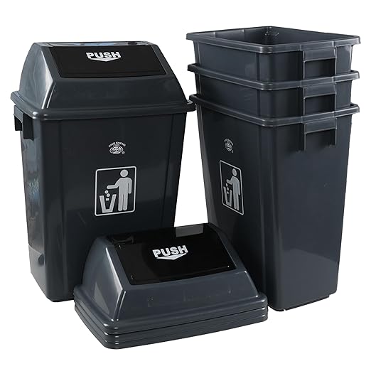 13 Gallon Plastic Swing Lid Trash Can, Outdoor Garbage Can, Grey, 4 Pack