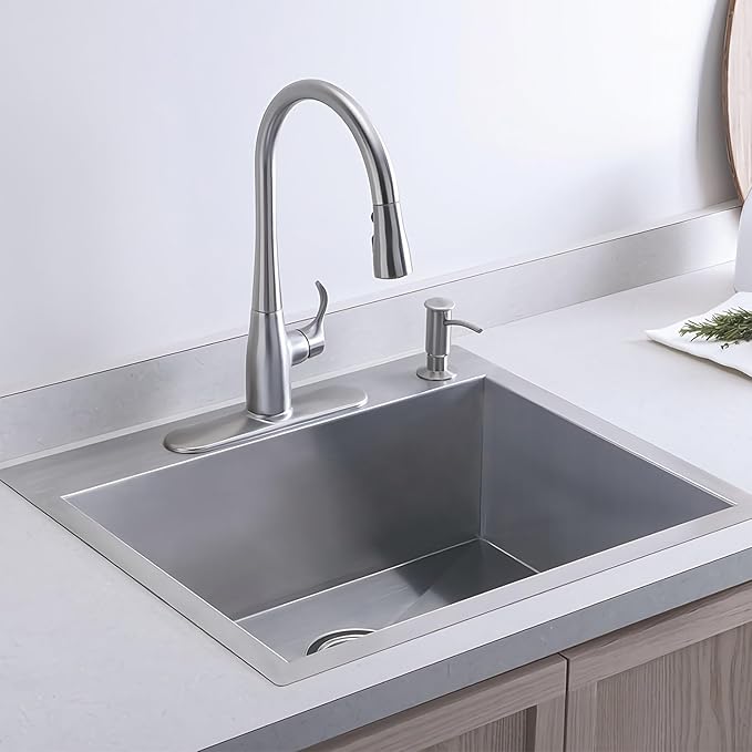 20x16x9 Inch Drop in Kitchen Sink, Handmade 304 Stainless Steel Single Bowl with 2 Holes, R10 Tight Radius, Topmount Installation, for Modern Kitchen/RV Sink, Brushed