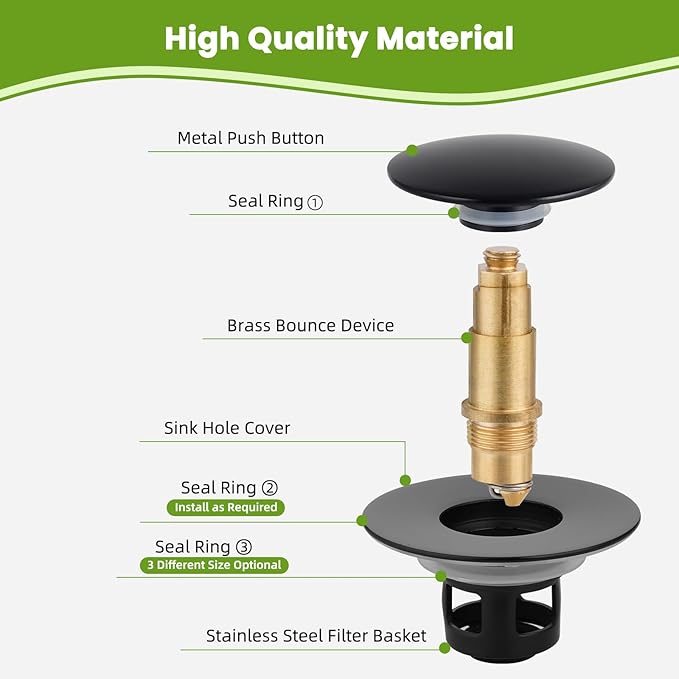 Universal 2PCS Bathroom Sink Stopper 2 in 1 Pop Up Metal Sink Drain Strainer with Hair Catcher, Fit for 1.1~2.36" Sink Basin Hole, Big Cover Cap, Anti-clog, Matte Black