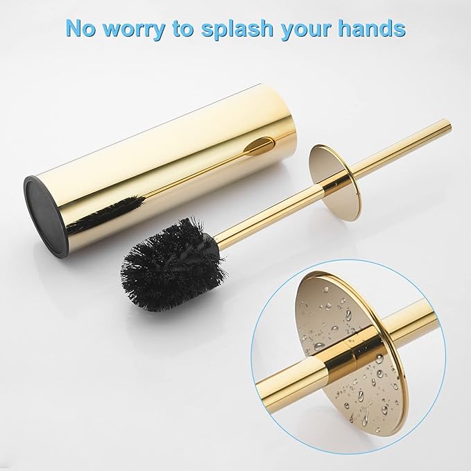 Toilet Brush and Holder Set Gold Stainless Steel, 304 Heavy Duty Round Toilet Brush Set – Rust Resistant, Long Handle, Replacement Heads, Floor Standing Bathroom Toilet Cleaning Brush