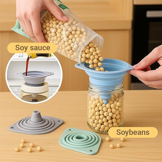 Kitchen Funnel Set, Wide-Mouth Foldable and Telescopic Design, Liquid Separation Funnel, Silicone (3 pcs)
