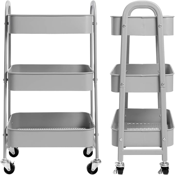 AGTEK Makeup Cart, Movable Rolling Organizer Cart, 3 Tier Metal Utility Cart, Grey