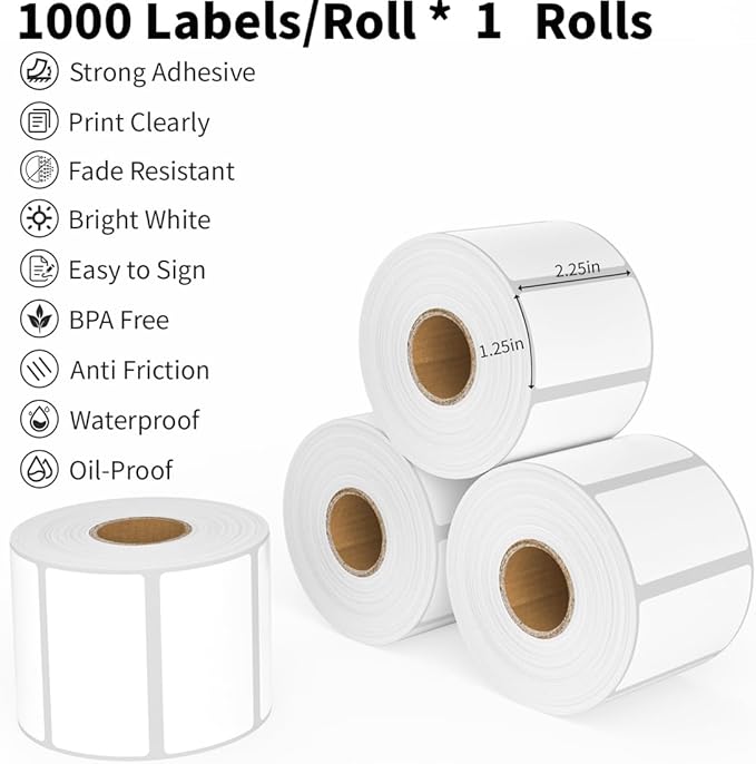 Thermal Labels 2-1/4 x 1-1/4, Adhesive Label Stickers 1000 Printer Papers for Barcode, FNSKU, Mailing, Shipping, Compatible with Zebra, Rollo and More Thermal Printer