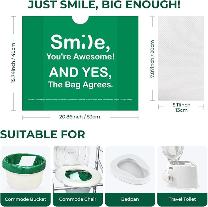 Commode Liners with Absorbent Pads, 30Pack Tear-Free Leak-Proof Bedside Commode Liners, Universal Disposable Commode/Bed Pan Liners for Bedside Commode, Standard Toilet, Chair Bucket(30Bags+30Pads)