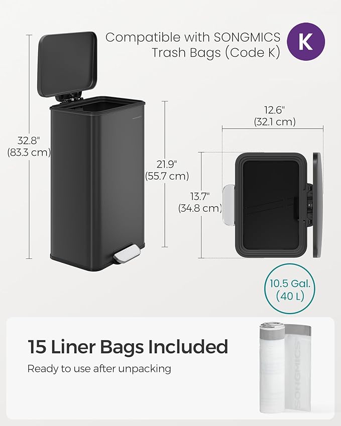 SONGMICS Kitchen Trash Can, 10.5 Gallon (40 L) Garbage Can, Large Step Trash Bin with Lid, Stainless Steel, Soft Close, 15 Trash Bags Included, Black ULTB540B40