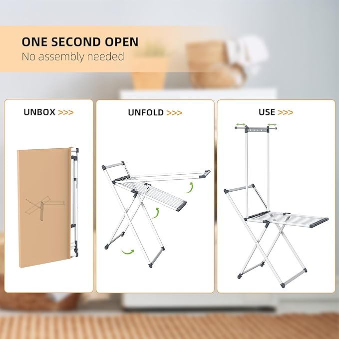 Clothes Drying Rack, Foldable Laundry Rack for Indoor Outdoor, 10pcs Sock Clips, Collapsible Space-Saving Drying Rack for Clothes Towels Dolls (Gray-Hanger)
