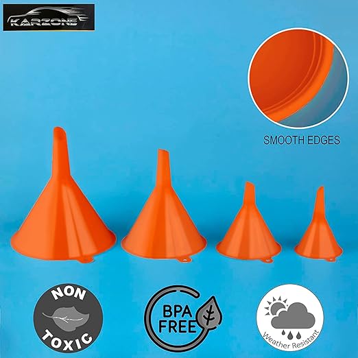 Oil Funnel Set (Orange, 4-Pack) – Plastic Funnels for Automotive Use – Funnels for Kitchen Use Filling Bottles and containers – Funnel for Water Bottles, Gas, Car Oil, Lubricants and Fluids