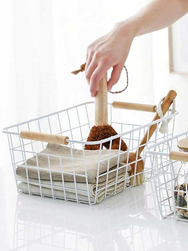 LeleCAT White Wire Baskets for Organizing with Handles,Pantry Organizers and Storage For Kitchen, Household Snack Basket for Cabinets, Closets, Bedrooms,food - Set of 4(White)