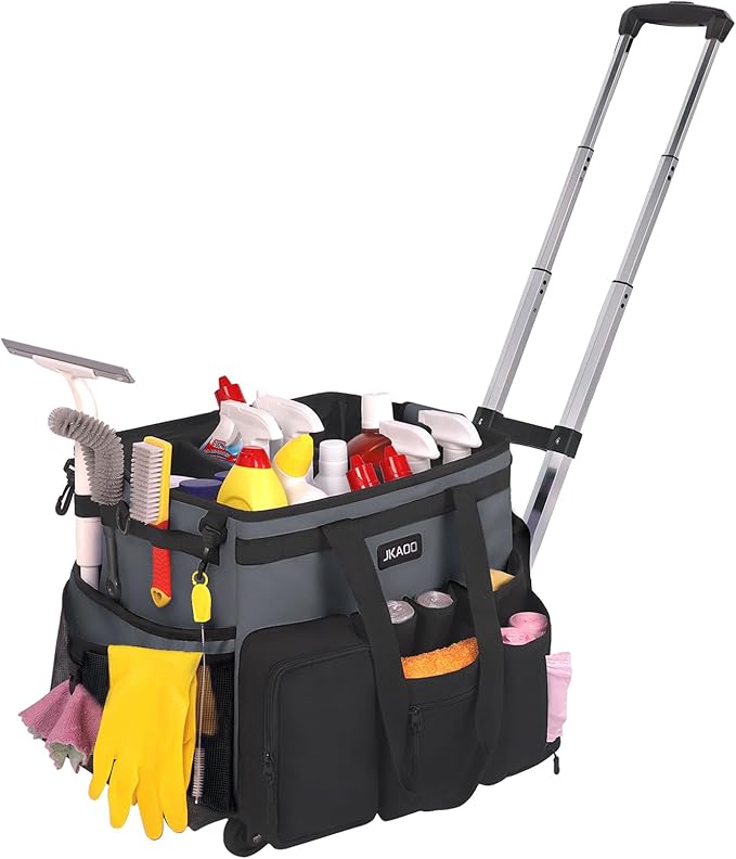 Large Rolling Cleaning Caddy Bag with Detachable Trolley, Waterproof Cleaning Caddy on Wheels for Housekeepers, Cleaning Cart Supplies Organizer for Home,Car,Office,Picnic(Gray)(InPatent)