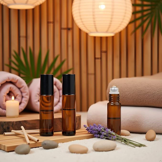 4 Pack 10ml Oil Essential Stainless Roller Bottles, Refillable Amber Glass Roller Bottles for Travel, Perfume and Lip Gloss with Steel Roller Balls and Caps