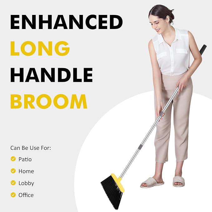 Heavy Duty Broom, 55 Inch Long Handle Outdoor Large Angle Brooms, Commercial Broom for Sweeping Indoor, for Home Garage Kitchen Office Courtyard Lobby Patio Lawn Concrete, Yellow