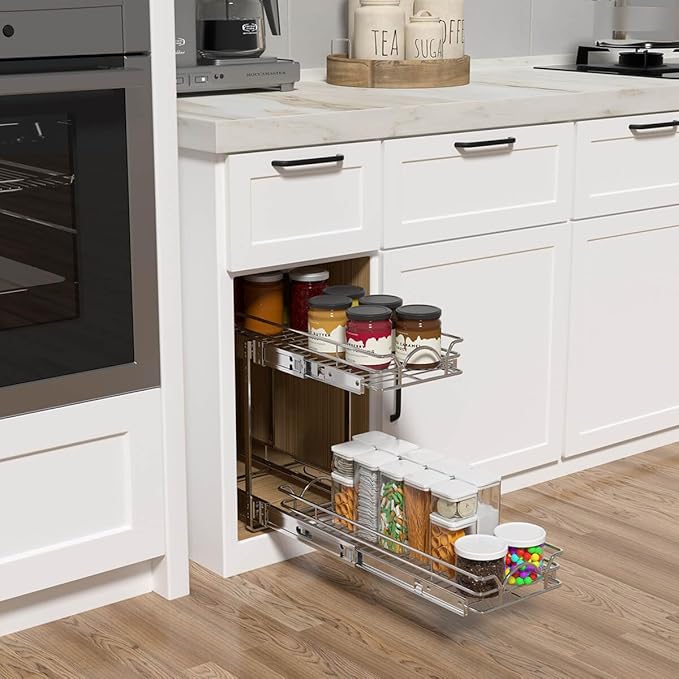 OCG 2 Tier Pull Out Cabinet Organizer (18.5" W x 18" D), Pull Out Drawers for Kitchen Cabinets, Pull Out Shelves for Base Cabinet Organization in Kitchen Bathroom Pantry, Chrome Finish