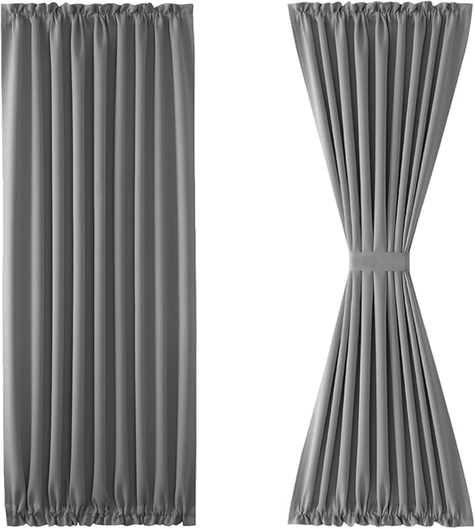DWCN French Door Curtains – Rod Pocket Thermal Blackout Curtain for Doors with Glass Window, Kitchen and Patio Doors for Privacy, 54 X 80 Inches Long, 1 Curtain Panel with Tieback, Grey