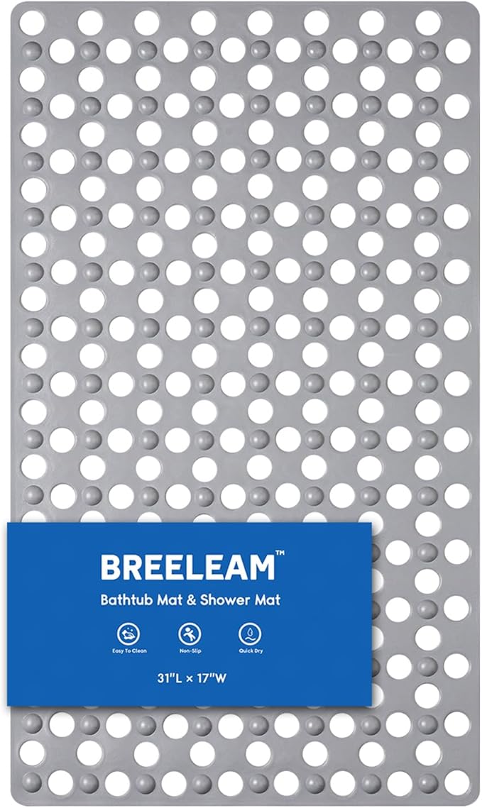 Non Slip Bathtub Mat and Shower Mat 31x17 inch,Bath Mat with Quick Dry Drain Holes and Suction Cups, Soft Comfortable Safe Bathroom Mat for Bath Tub, Floor, Tile (Grey)