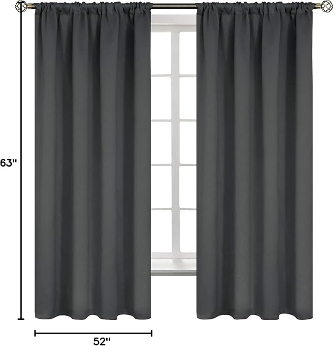 BGment Pocket Bedroom Curtains 63 Inch Long Dark Grey, Room Darkening Thermal Insulated Blackout Drapes for Living Room Privacy Light Blocking Blinds, 52 x 63 Inch, 2 Panels
