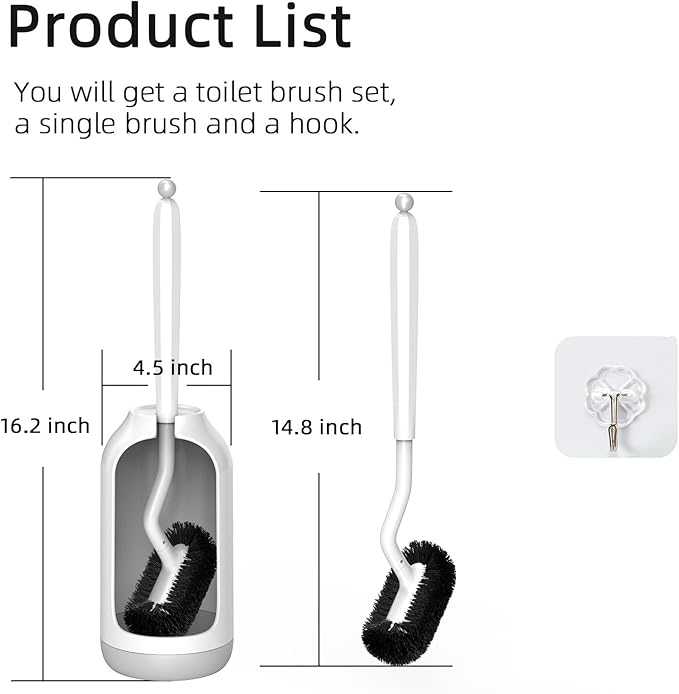 HAMITOR Toilet Bowl Brush Holder Set: Deep Cleaning Brushes with Curved Design - Ergonomic Long Handle for 360° Dead Corner Clean with Replacement Brush - Bathroom Accessories for RV Apartment