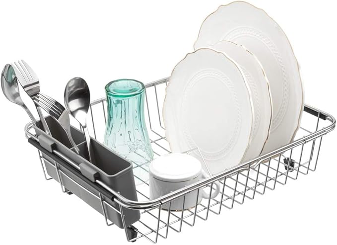 SANNO Expandable Dish Drying Rack,Dish Drainer,Dish Plate Holder Basket in Sink or On Counter with Utensil Silverware Storage Holder, Over The Sink,Rustproof Stainless Steel