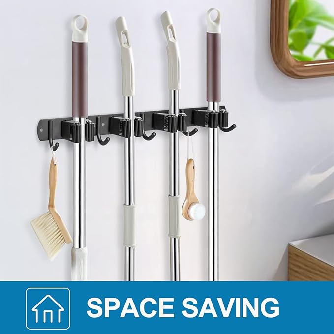 IMILLET 2 Pack Broom and Mop Holder Wall Mounted, Broom Holder Stainless Steel Broom Organizer Heavy Duty Tools Organizer Self Adhesive for Laundry Room Garage Garden(4 Racks and 5 Hooks)