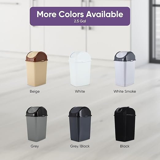 Superio Small 2.5 Gallon Plastic Trash Can with Swing Top Lid, Compact Slim Waste Bin for Under Desk, Office, Bedroom, Bathroom, Dorm Room, 10 Qt. Portable Garbage Can (White)